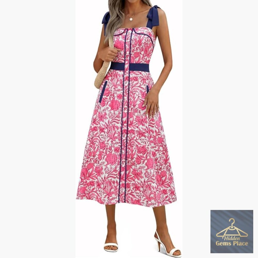 Summer Midi Dress with Tie Strap Smocked Back Pockets Flowy